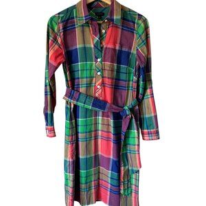 Talbots Sz 2 Plaid Shirt Dress Lightweight Cotton Preppy Pockets Tie Coastal